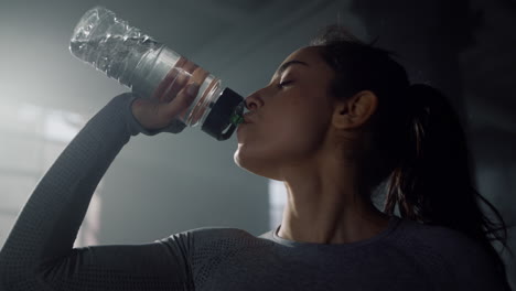 Sportswoman-drinking-water-from-sports-bottle.-Girl-holding-bottle-in-hand