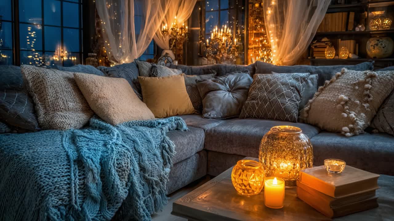 Atmosfera accogliente da salotto con illuminazione soffusa e decorazioni materiche per una serata calda e invitante.