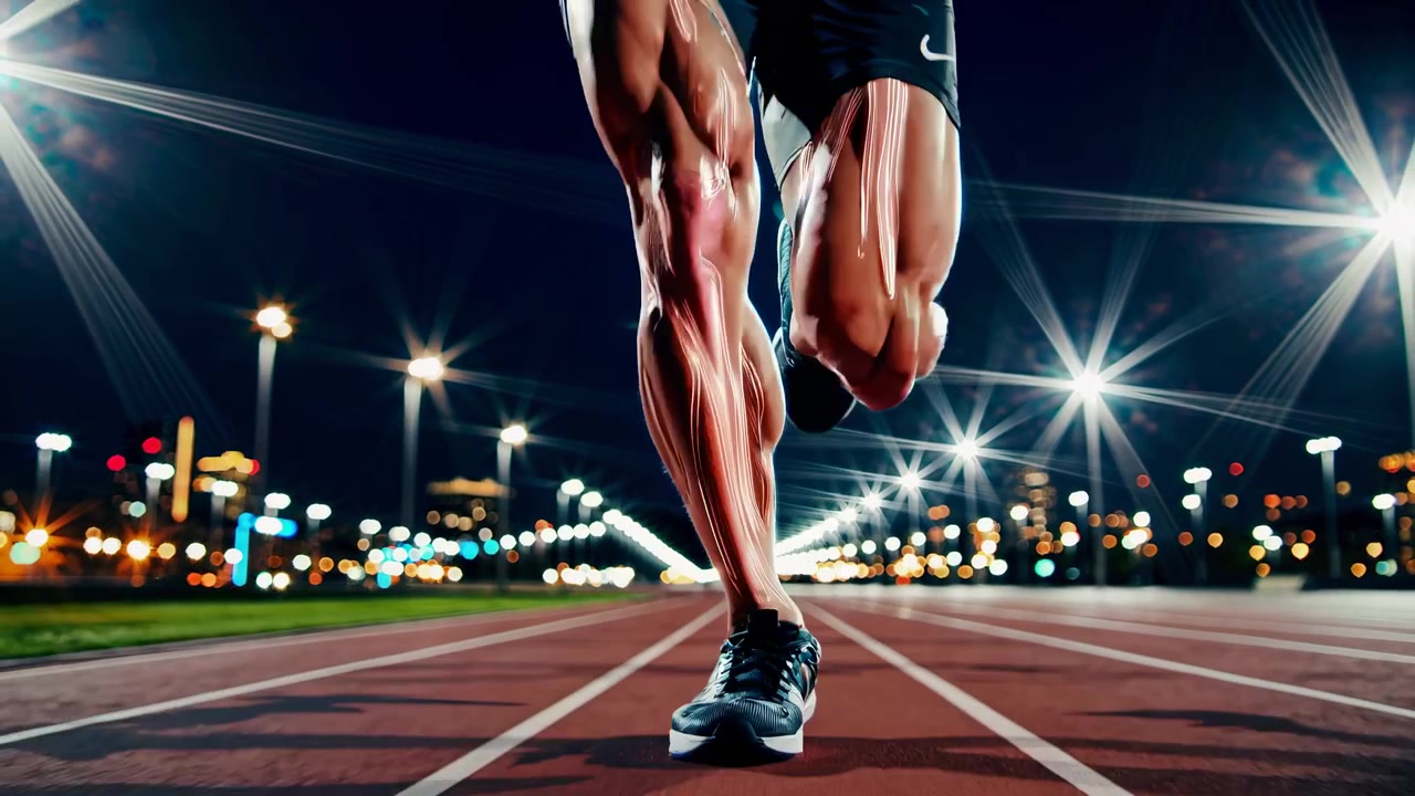 Athlete Running on Track at Night with Visible Leg Muscles