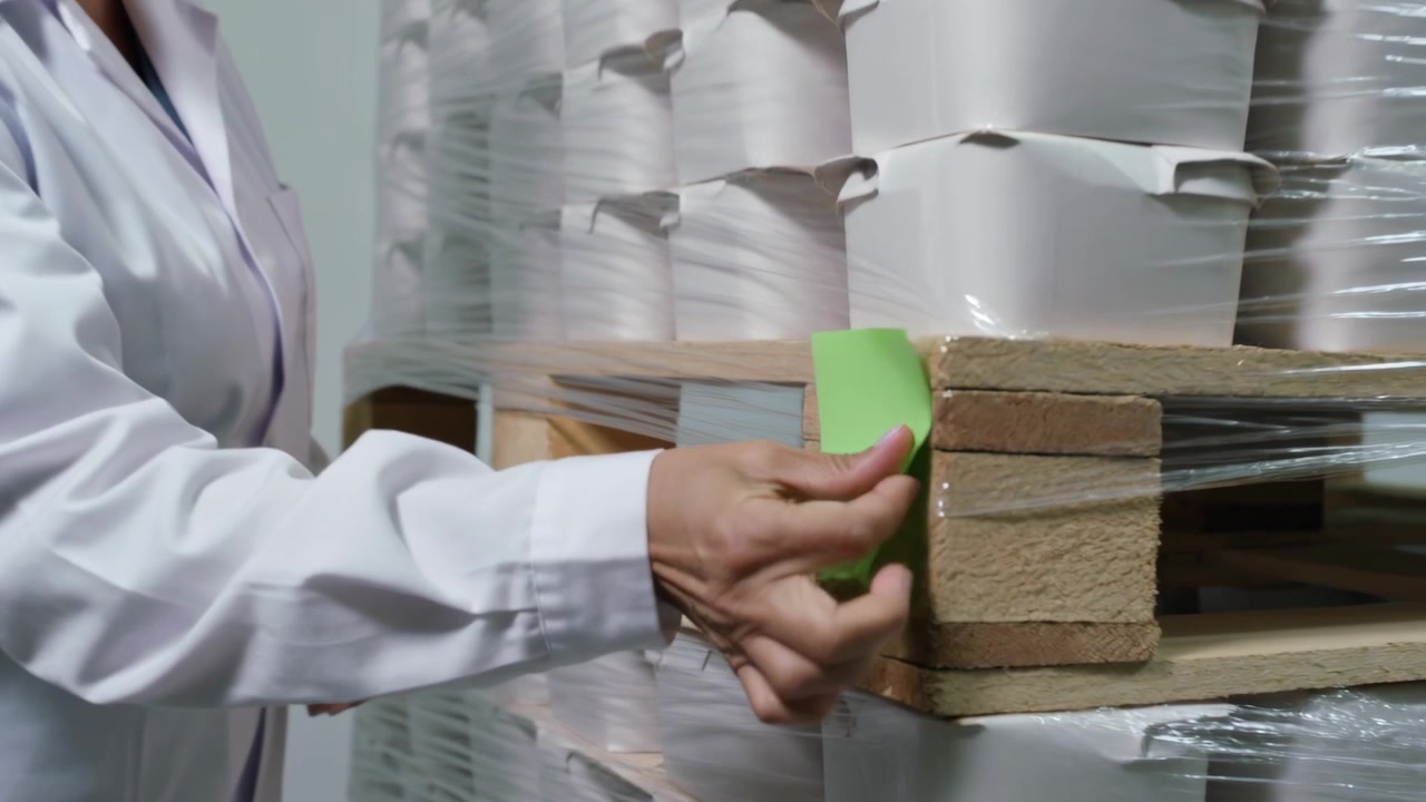 Lavoratore che ispeziona in camice da laboratorio e occhiali protettivi, applica un'etichetta all'angolo di un pallet per l'inventario, spazio per il testo
