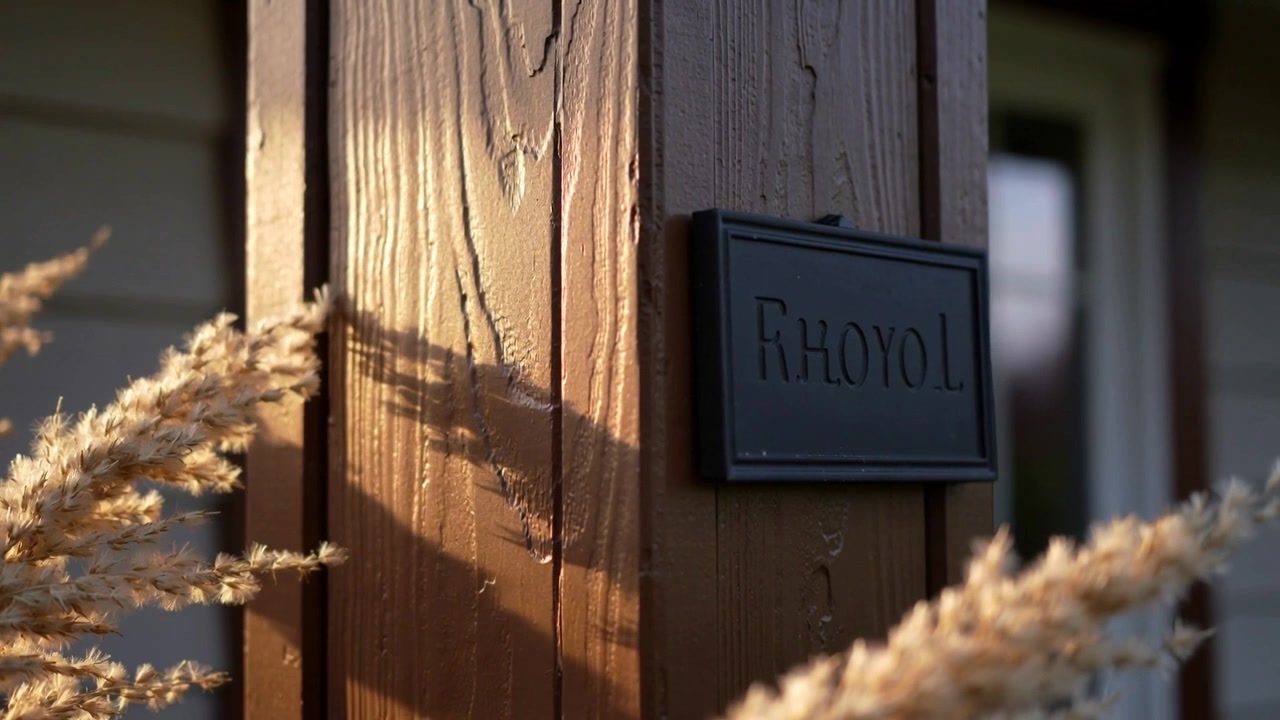 Erbe secche e ombre che si spostano rivelando un palo di legno sul portico sotto il sole basso, con una targa scura.