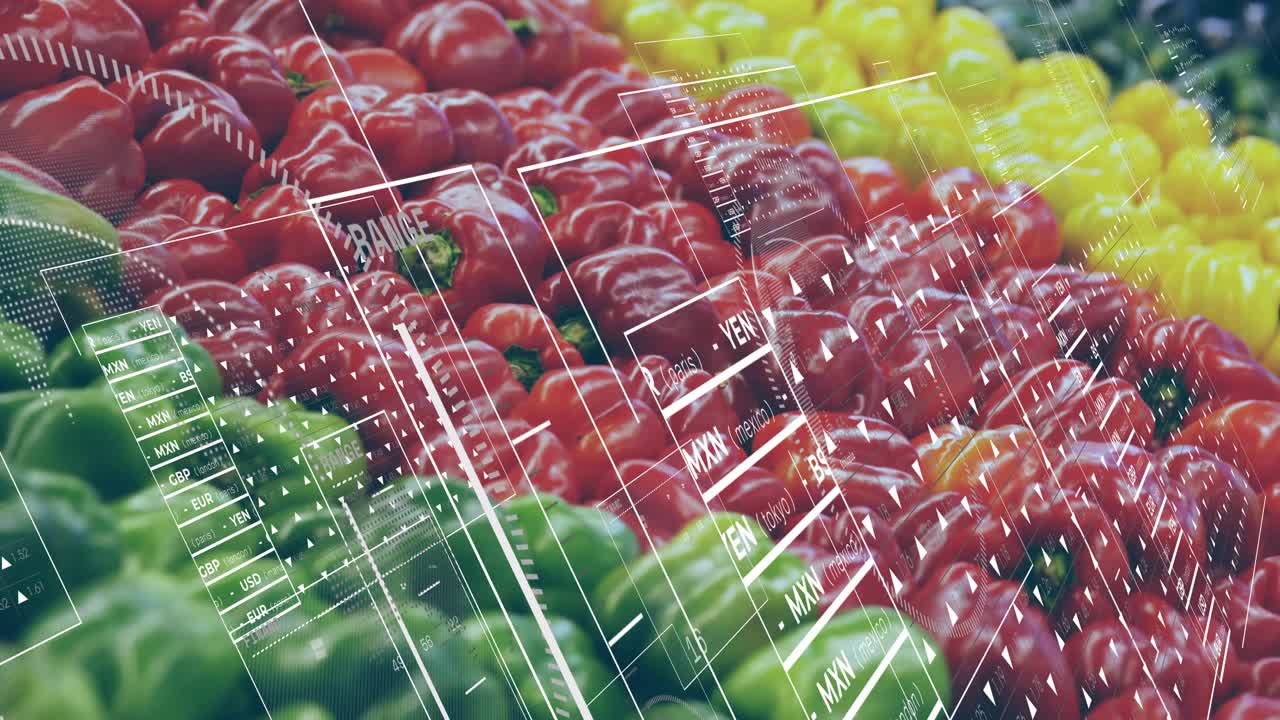 Bell peppers remaining still while transparent HUD sliding in from right, initiating data overlay