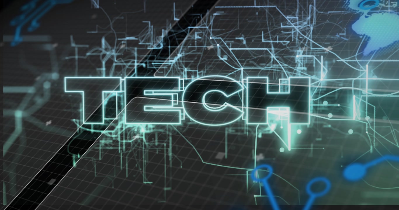 Luminous traces starting on tilted grid wireframe strokes tracing TECH letters revealing neon title