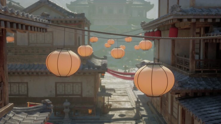 De belles lanternes chinoises illuminent une rue chinoise traditionnelle