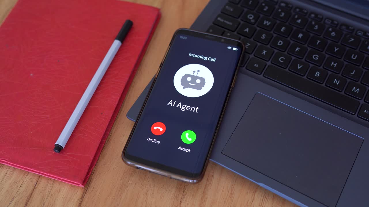 Concept of talking with a AI agent. Incoming call from an artificial intelligence service.