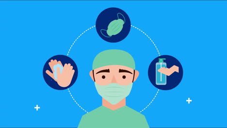 surgeon with covid 19 set icons animation