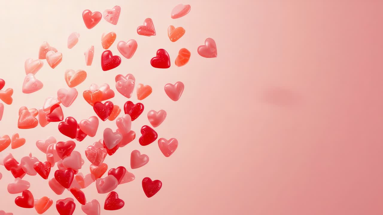 Gruppo di cuori lucidi fluttuanti che si muove verso l'esterno e ruota su uno sfondo rosa tenue, animazione in partenza