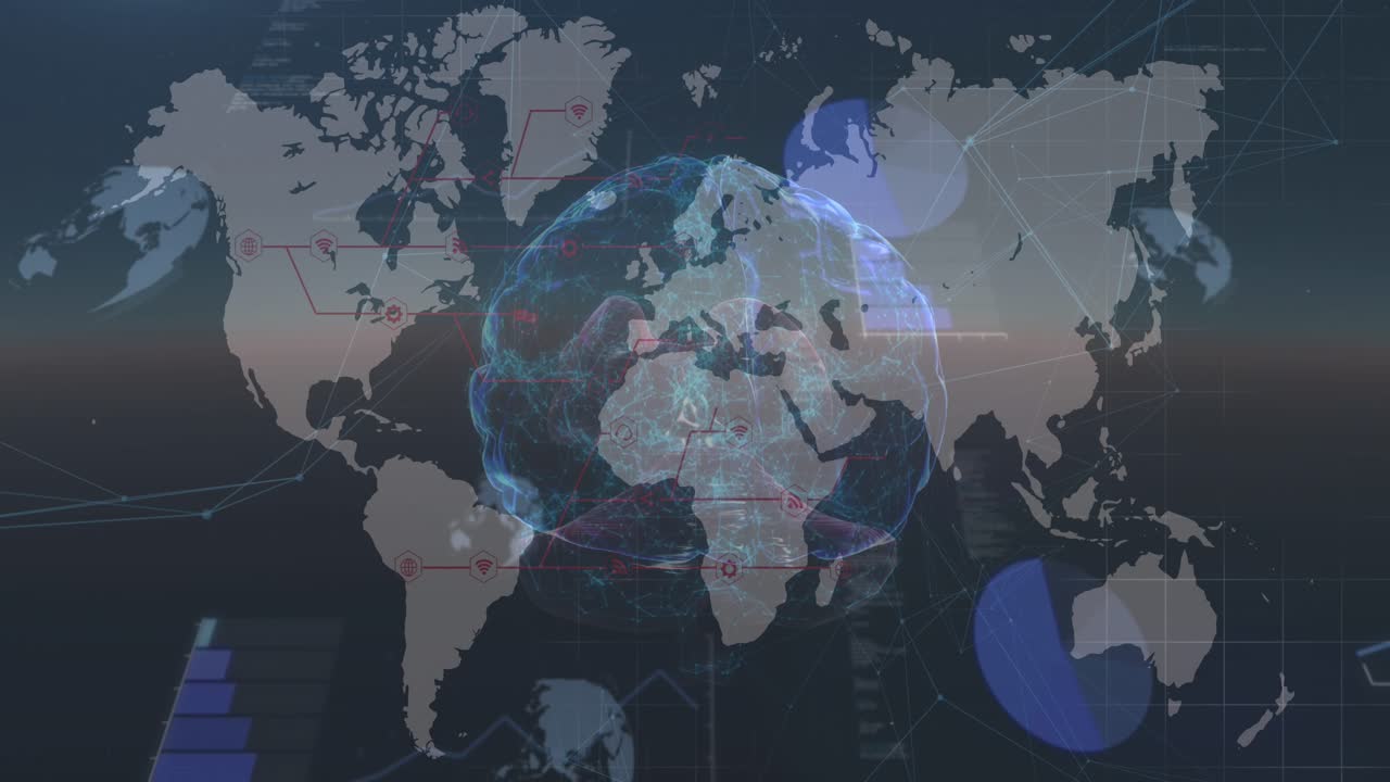 Animazione dell'elaborazione dati e del globo su sfondo blu