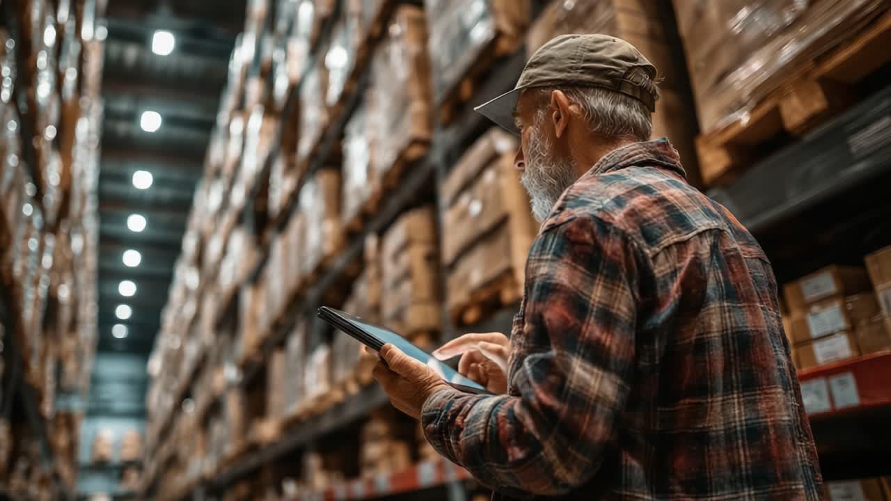 A warehouse worker analyzes inventory data on a tablet, overseeing extensive stock rows of packaged goods under bright lights in a large storage facility