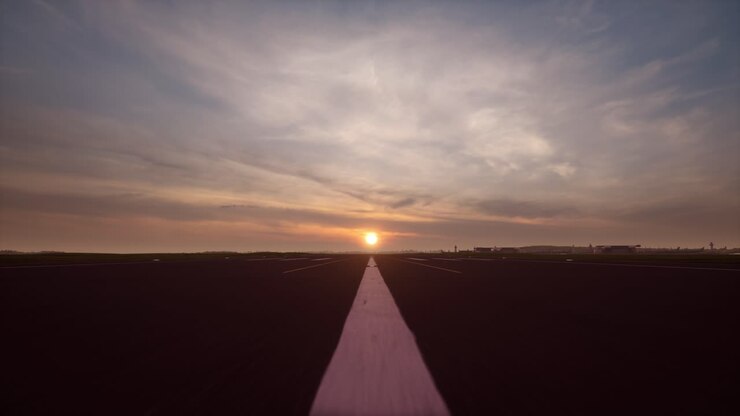 Pista di decollo in aeroporto al tramonto dorato con orizzonte lontano