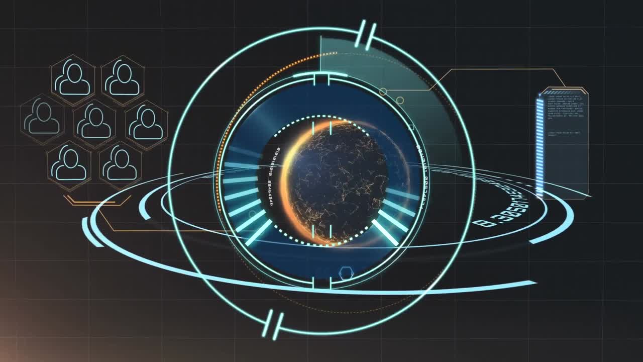 Animation of scope scanning and globe with icons over black background
