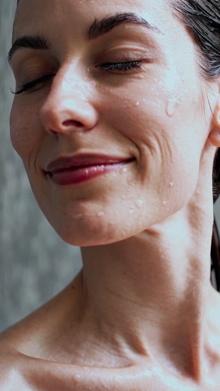 Close-up video shot of a woman with water droplets on her face, eyes closed, smiling