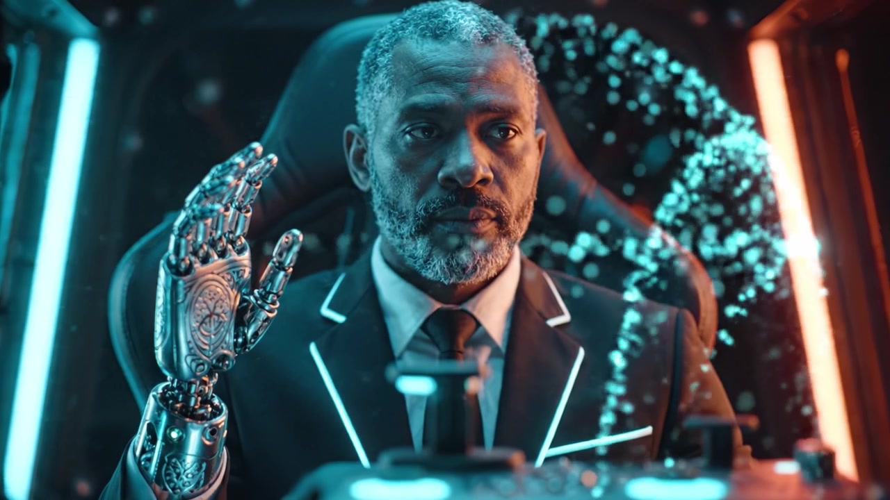 En futuristisk humanoid karakter med en kybernetisk hånd gestikulerer selvsikkert, hvilket legemliggør en blanding af avanceret teknologi og stil i et elegant kontrolrumsmiljø.