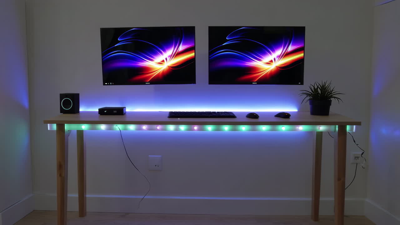 Modern Dual Monitor Gaming/Work Setup with LED Lighting
