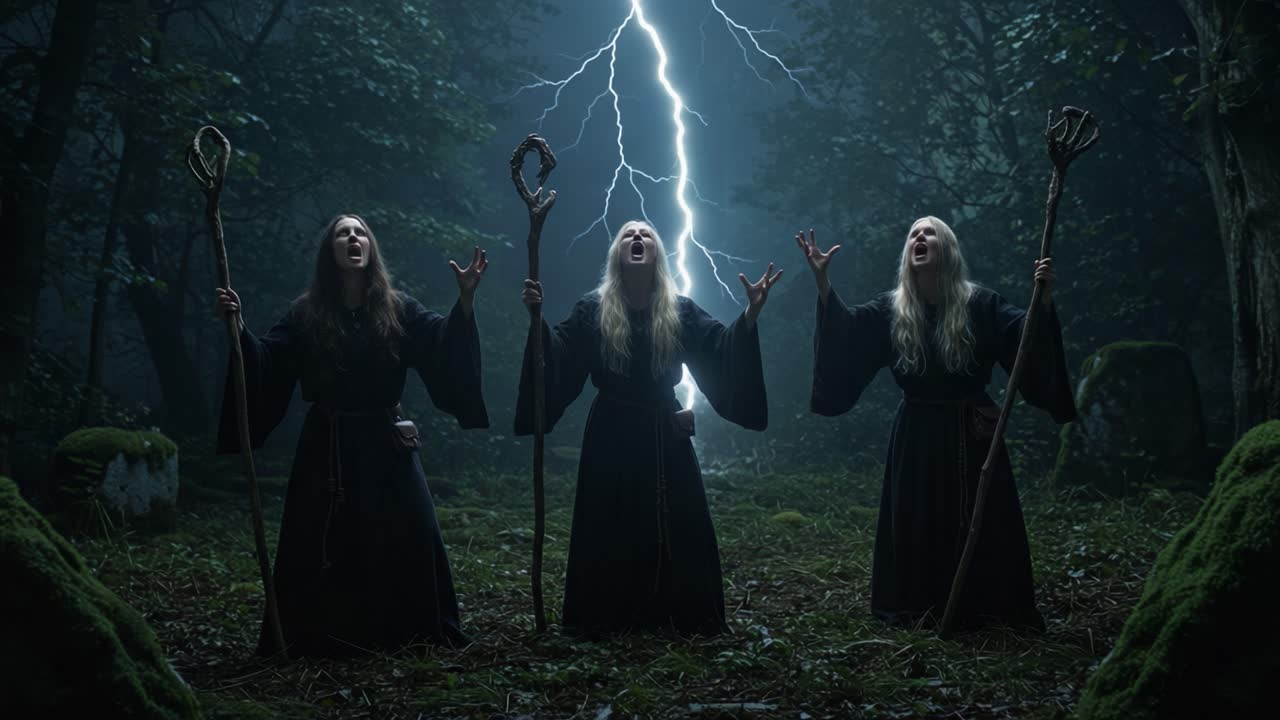 A group of three mystic figures in dark robes stands together in a shadowy forest, invoking powerful forces as lightning strikes dramatically above them