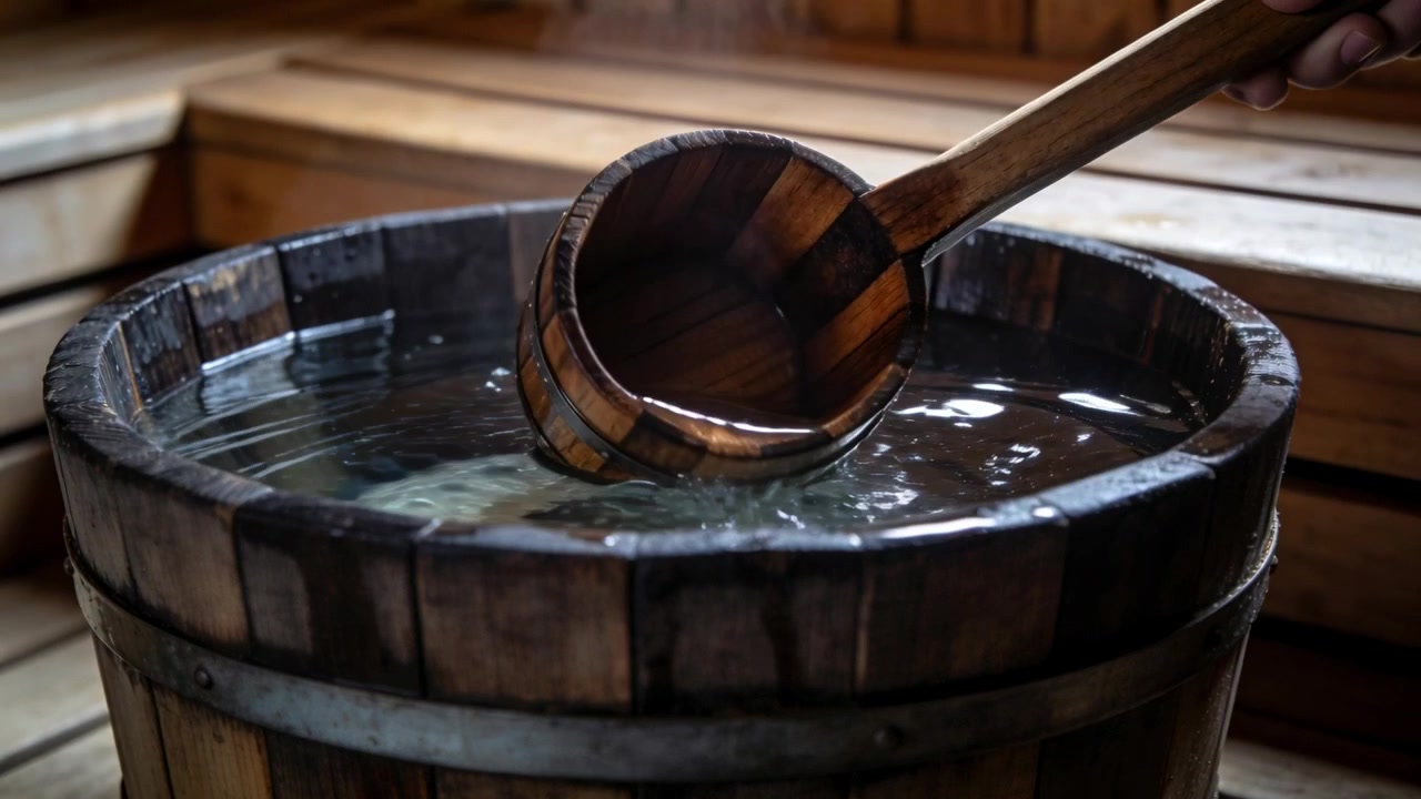 Sollevando un mestolo di legno, una mano versa acqua in una botte di legno in una sauna, creando increspature.