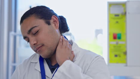 man with neck pain, scientist in laboratory