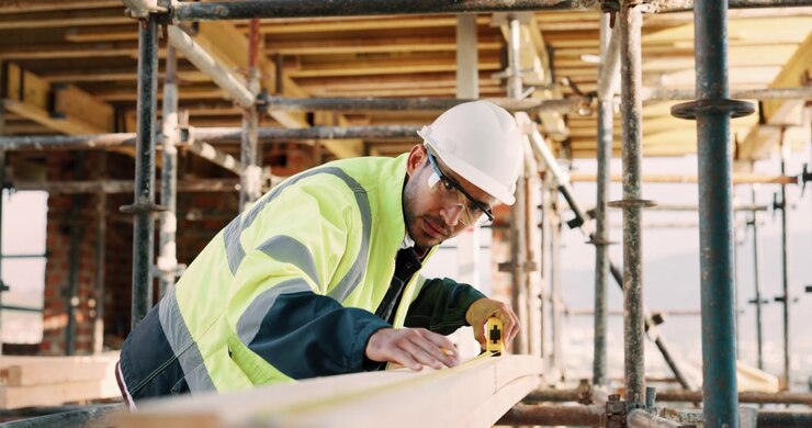 Construction Worker Measuring Wooden Beam at Building Site
