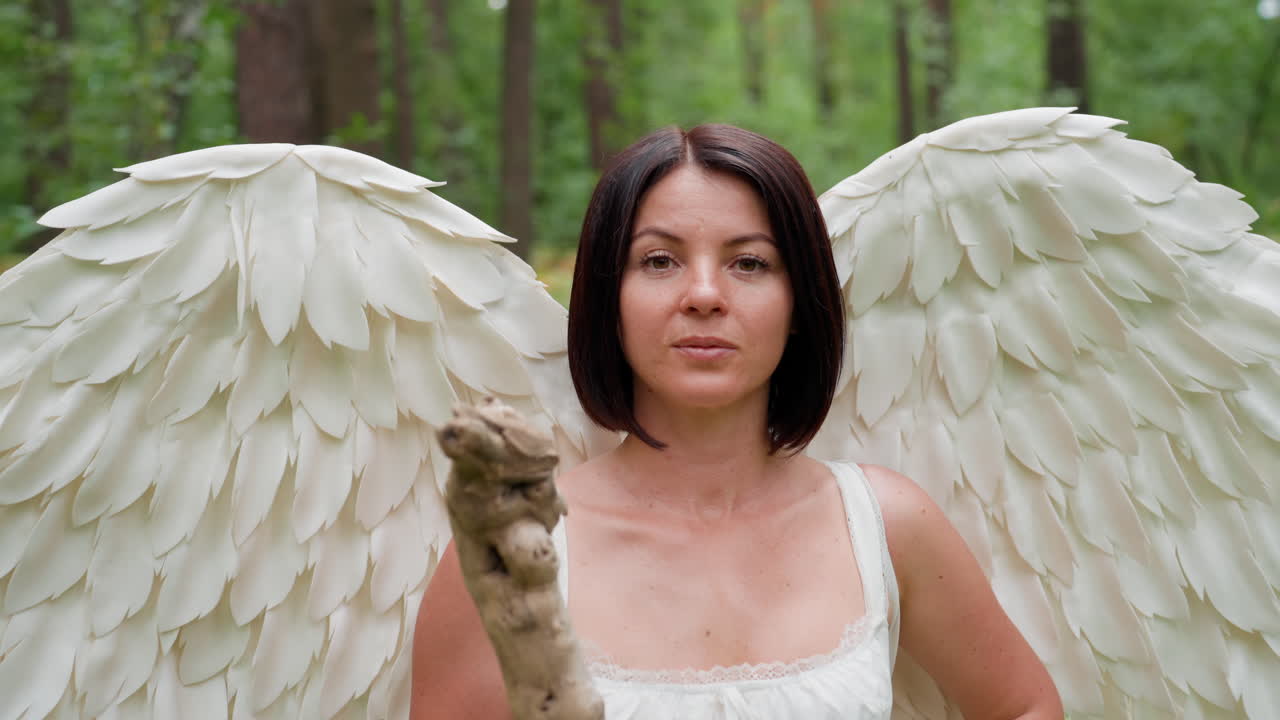 Confident forest fairy woman with large white wings and white dress stands amid lush greenery, surrounded by serene woodland atmosphere, radiating calm strength and ethereal grace in magical nature