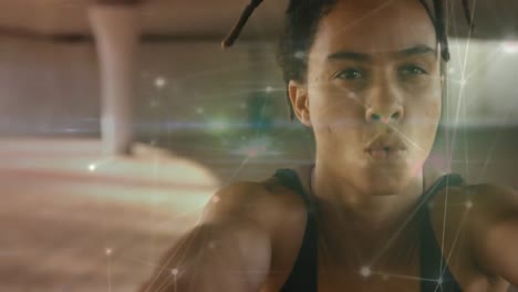 animación de la red de conexiones sobre la mujer en forma que hace ejercicio