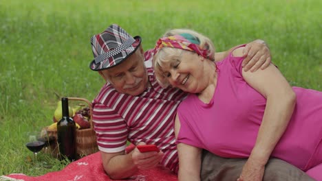 Family-weekend-picnic.-Senior-old-grandparents-couple-in-park-using-smartphone-online-browsing,-chat