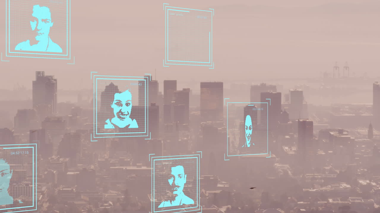 animación de fotos biométricas y procesamiento de datos sobre el paisaje urbano