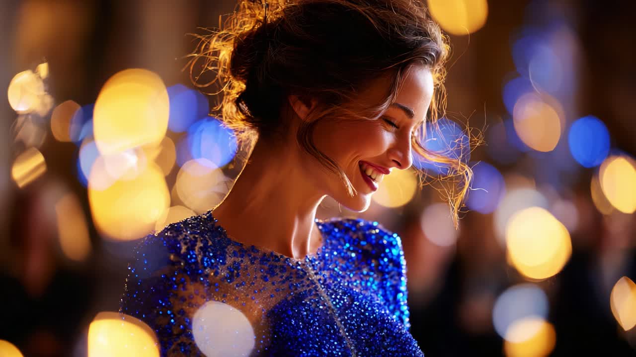 A Radiant Evening: A Woman in a Stunning Blue Dress Sparks Joy Amidst Glittering Lights, Capturing a Moment of Pure Elegance Full of Celebration and Charm