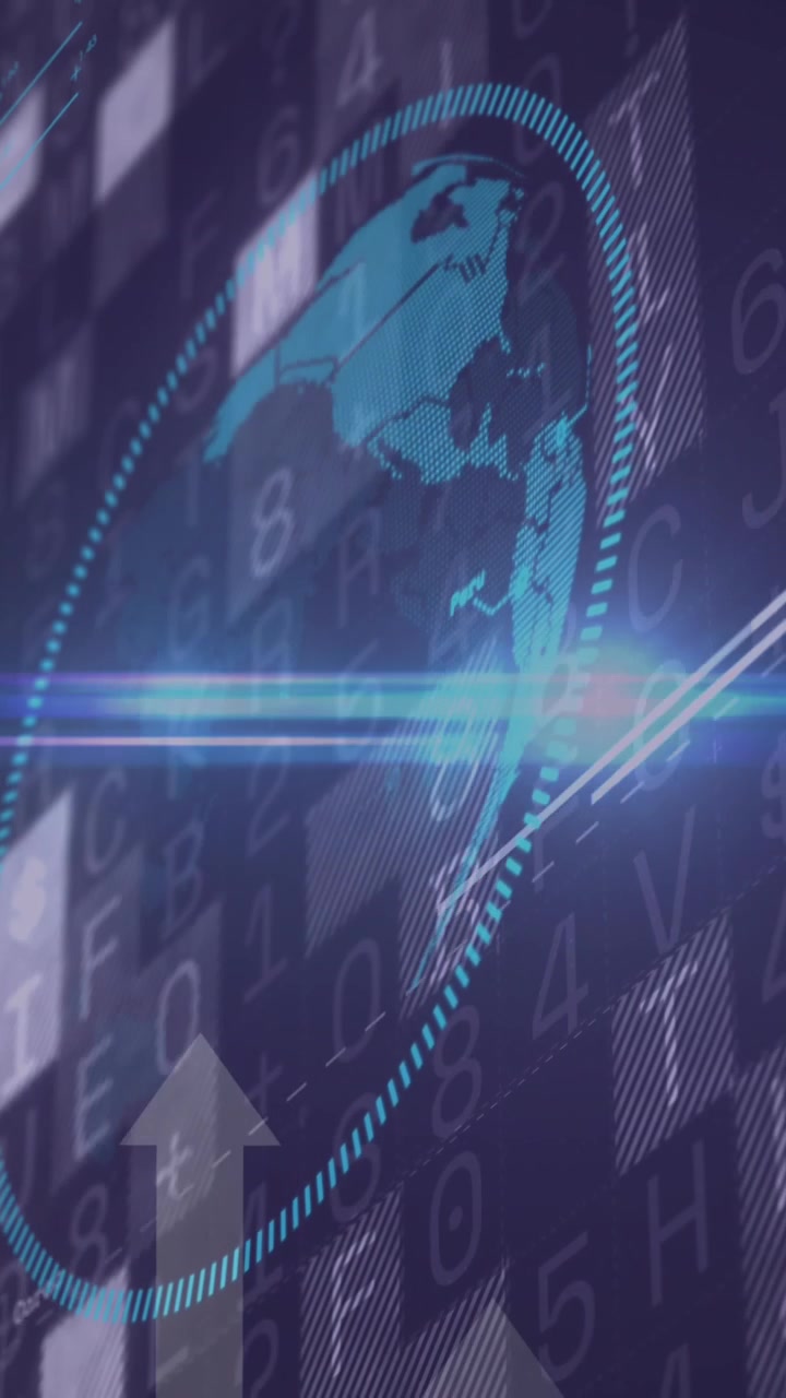 Animation of arrows and financial data processing over black background
