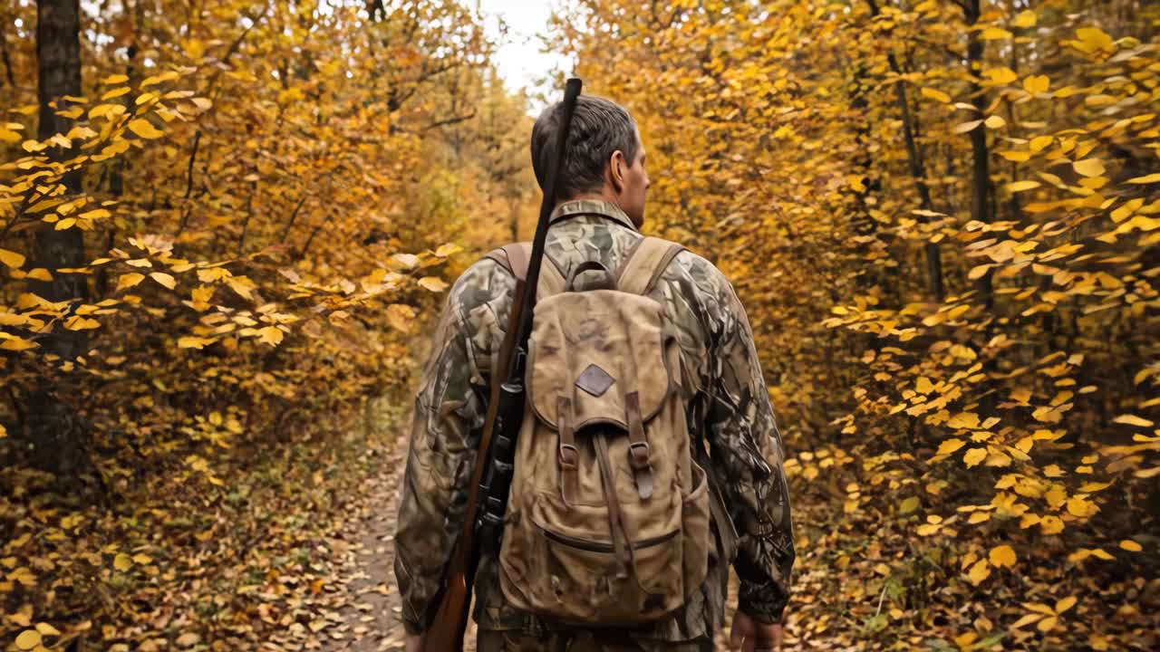 Caçador caminhando pela floresta de outono com rifle e mochila