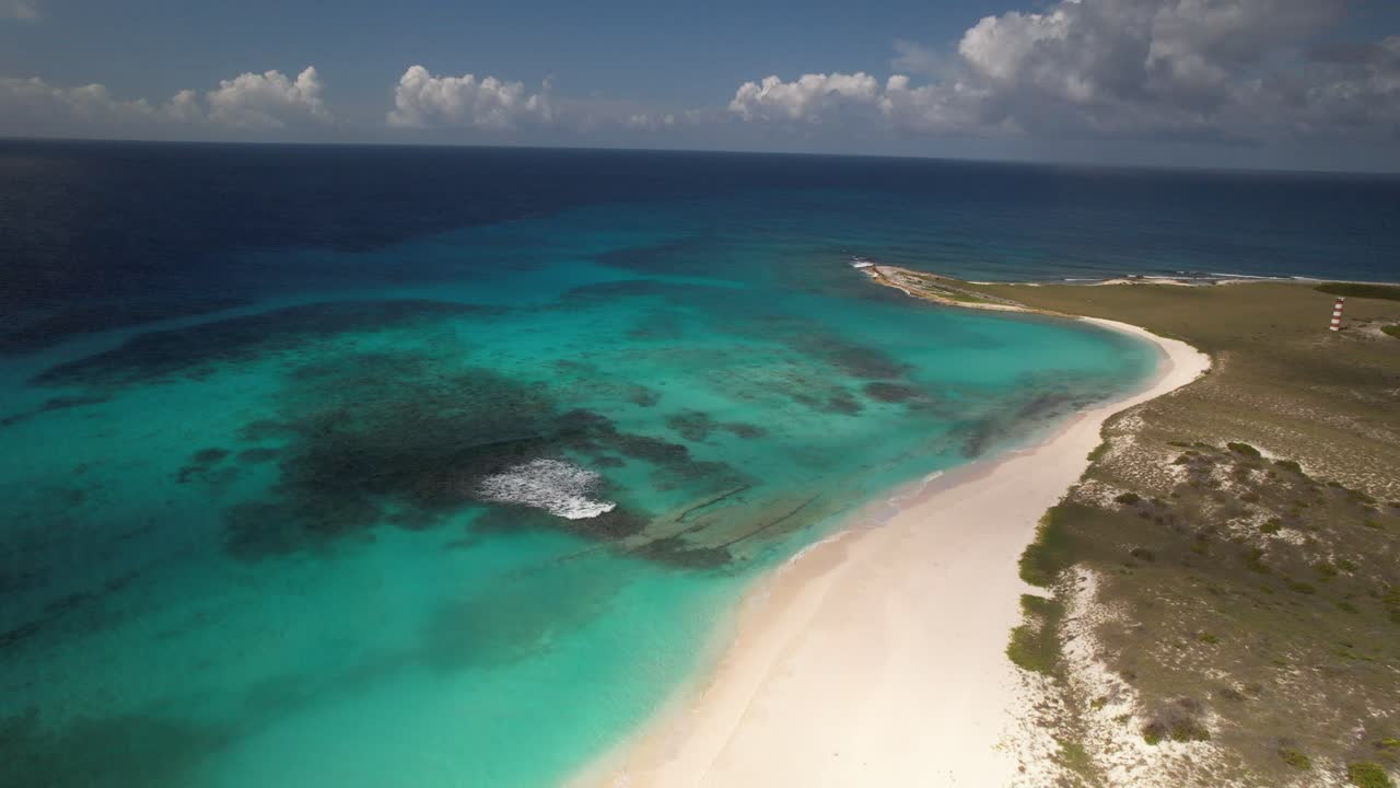 Turquoise waters and sandy beach, tranquil tropical paradise mood, aerial view
