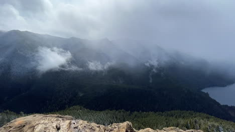 clouds and fog over the pine tree forest from mount storm king summit within the olympic national park in washington, usa