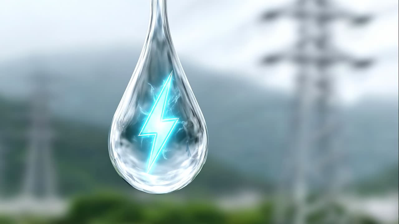 Electric energy water droplet. A clear water droplet hangs delicately, showcasing a vibrant blue electric symbol inside against a blurred background
