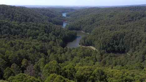 West-Barwon-Reservoir-aerial-view,-Colac-Otway-Shire,-Victoria,-Australia