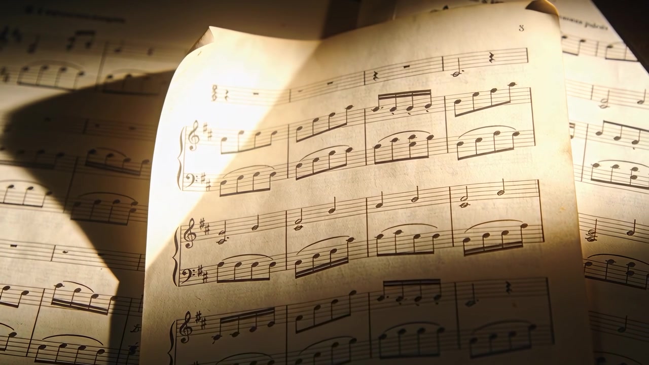 Luce fuori campo che illumina, spostando l'ombra su uno spartito di pianoforte su un leggio con fogli sovrapposti, pagina 3.