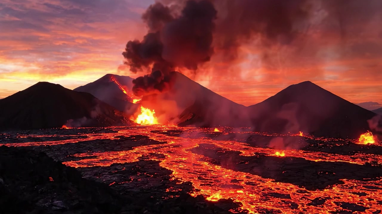 Spektakulært udbrud: Et betagende skue af smeltet lava, der strømmer fra vulkanske tinder mod en flammende solnedgangshimmel