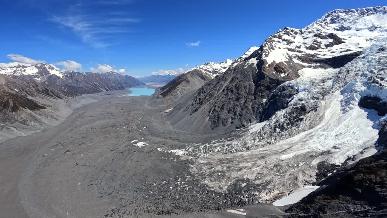 Flying over the rocky terrain where the Tasman Glacier used to cover, New Zealand