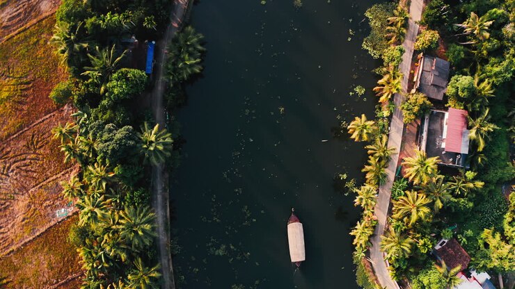 Aerial View of Kerala Backwaters with Houseboats