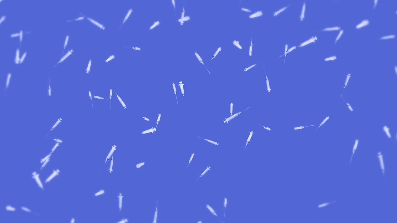 Flying many syringes for injection on blue background. Medical concept. Vaccine against the virus. Healthcare therapy. 3D loop animation.