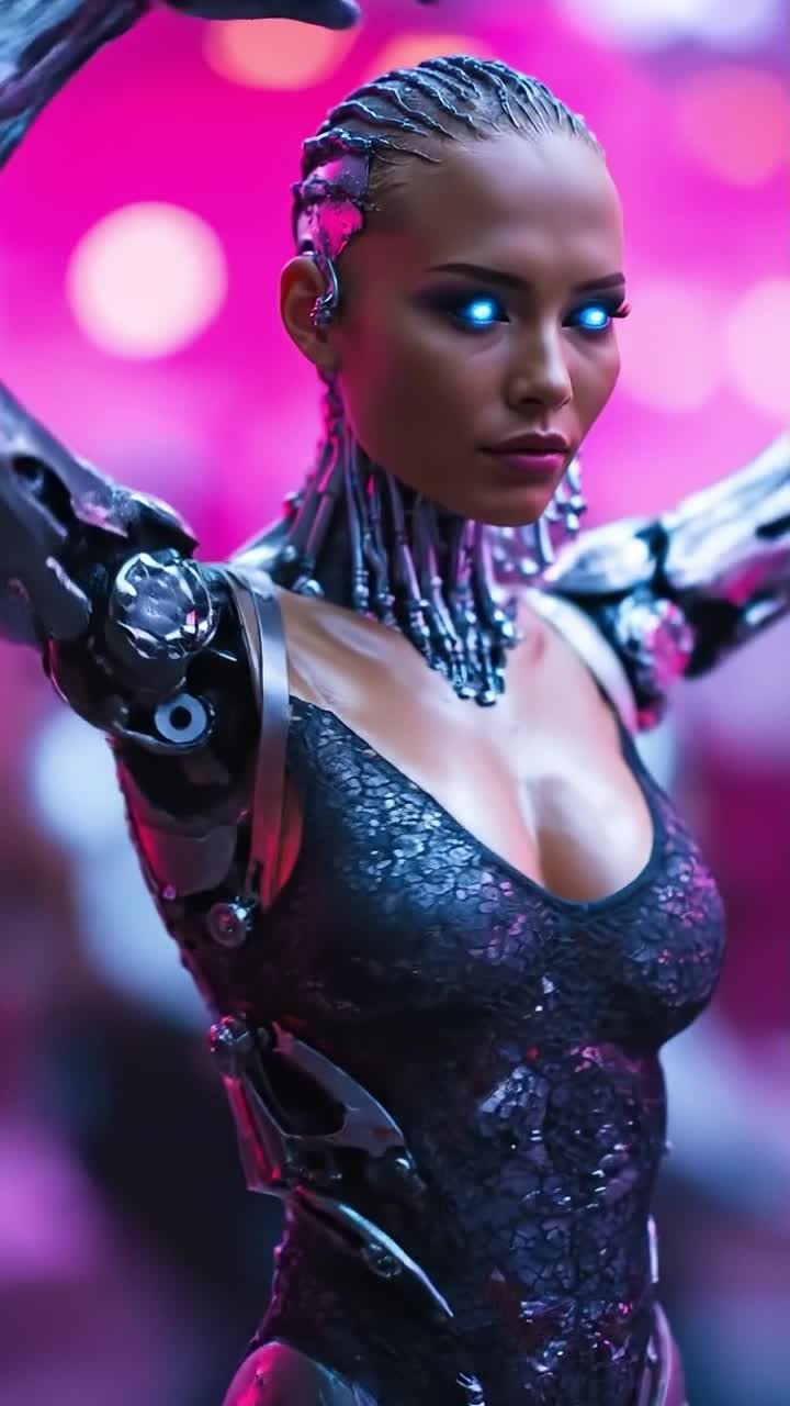 Ritratto ravvicinato di una cyborg femminile con occhi blu luminosi e pelle metallica