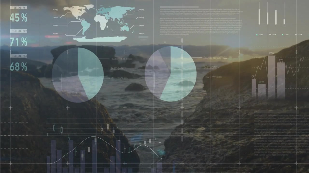 Financial Data Analytics Overlay on Scenic Ocean Coastline