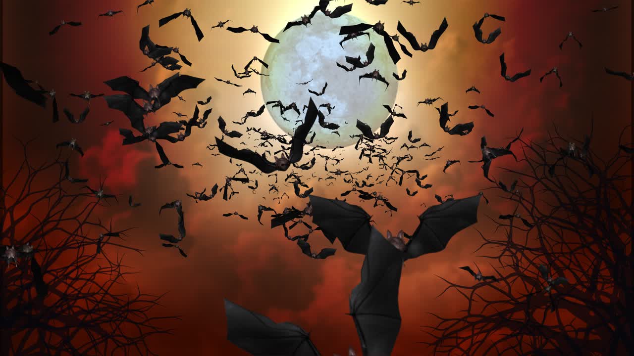 4k flying bats halloween bright full moon and old castle silhouette scary house at dark night