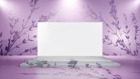 Banner-mockup-with-white-screen-on-podium-with-purple-background-and-branch-shadows