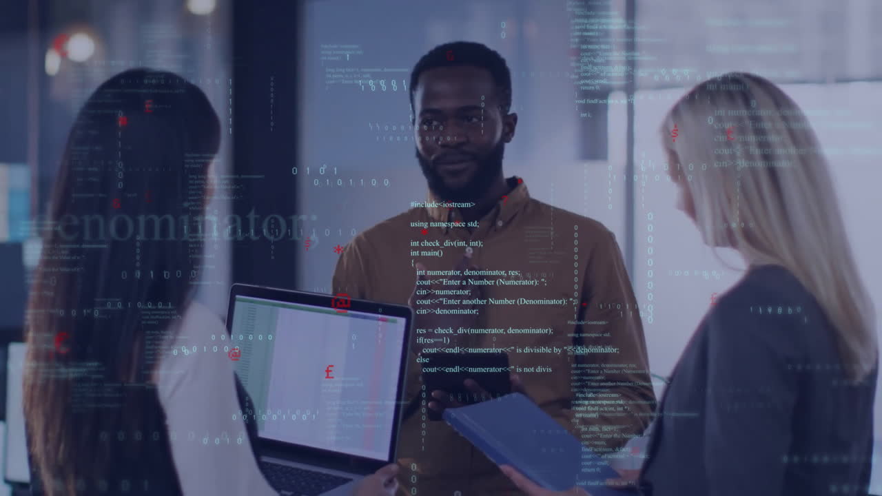 Animation of computer language over diverse coworkers standing and sharing ideas in office