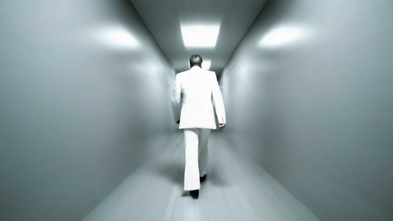 A lone figure in a white suit walks purposefully down a vast, illuminated corridor, evoking a sense of mystery and anticipation in a futuristic setting