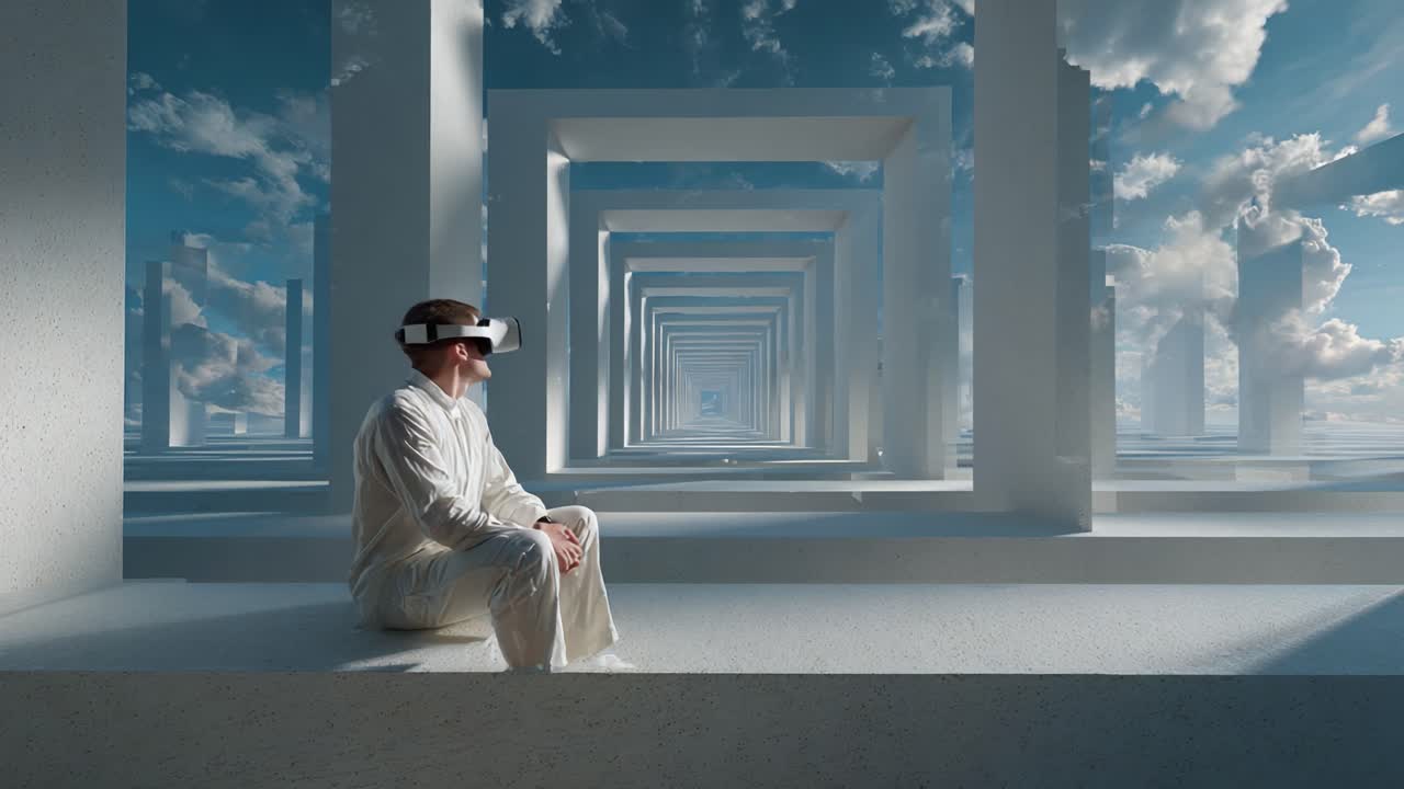 Exploring Infinite Realities: A Person Engaging in Virtual Reality Sitting in a Surreal, Endless Landscape Filled with Geometric Shapes and Dreamlike Skies