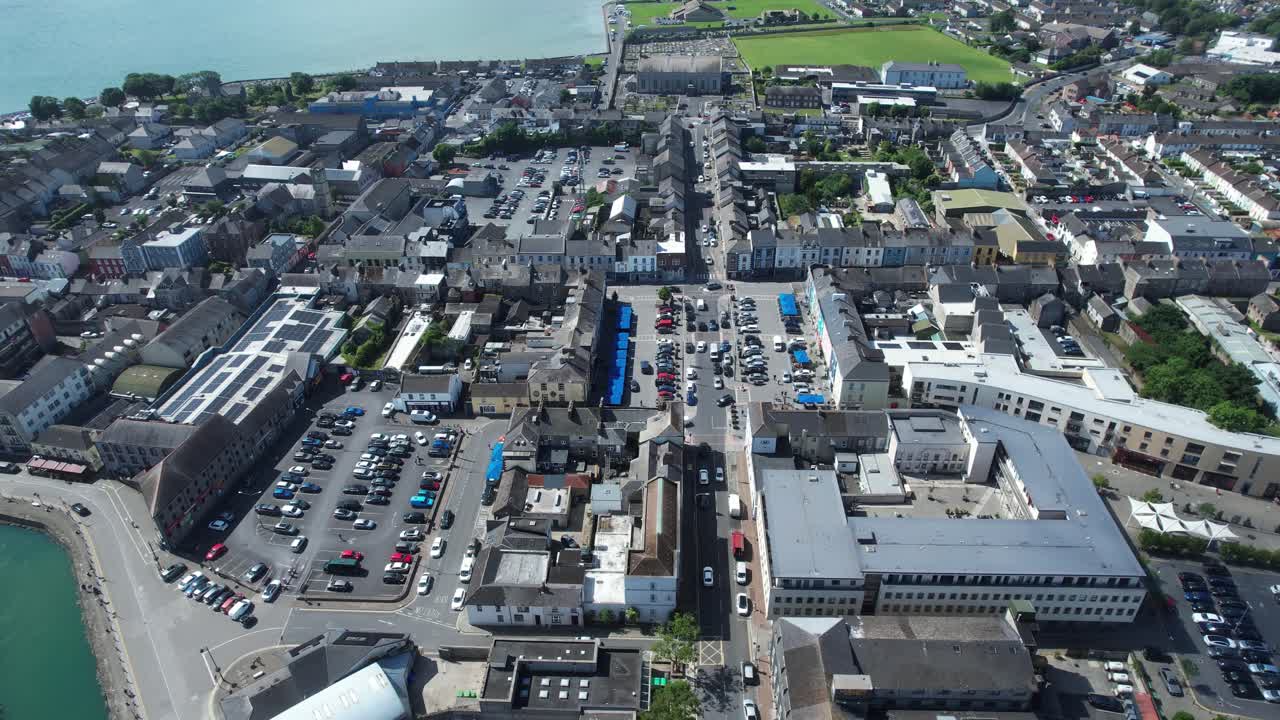 Dungarvan Waterford Ireland drone flying over town centre and the Square heart of busy seaside town in summer