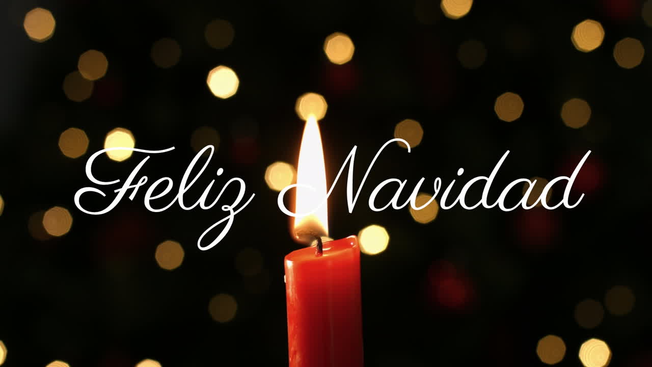 Burning candle with Feliz Navidad text animation over blurred festive lights background