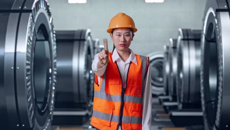 안전 헬을 입은 아시아 여성 엔지니어가 금속 공장에서 서 있는 동안 지표손가락 표시 없이 불쾌감을 표합니다.
