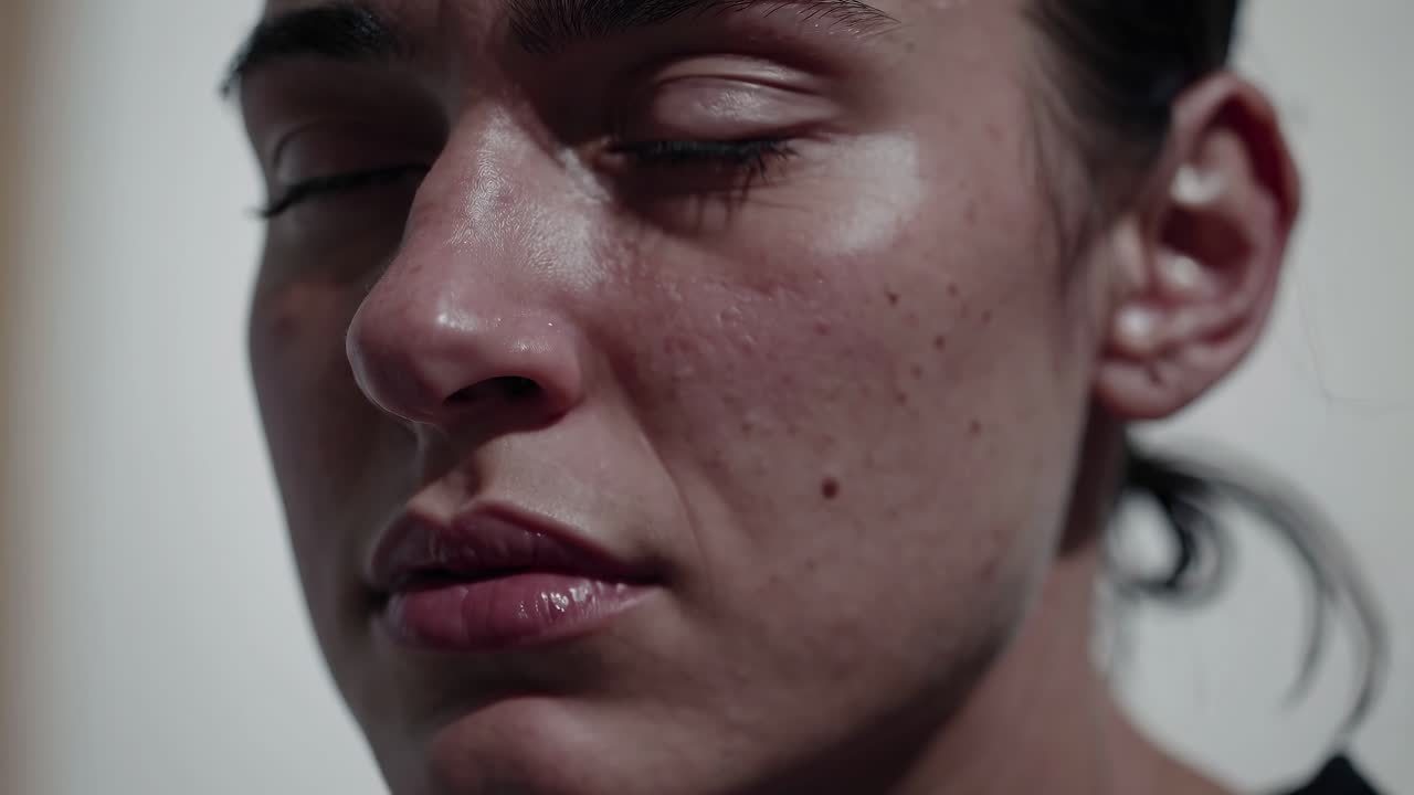 Close-up video shot of a woman's face, capturing raw emotion and detail