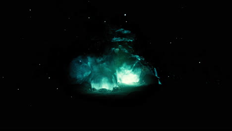 glowing turquoise fire in a cave